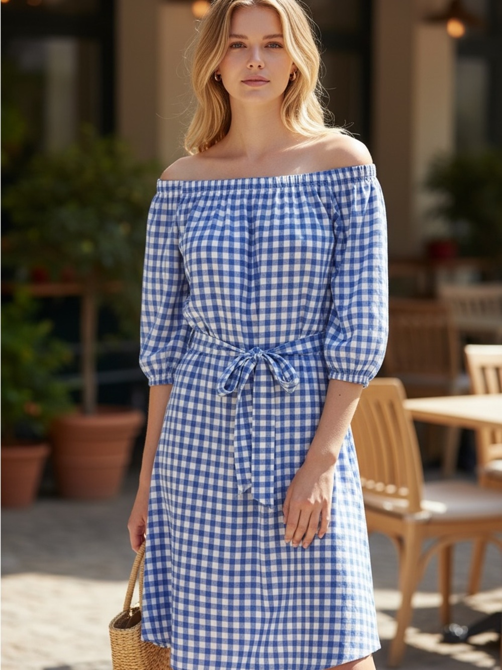 Lumiere Blue and White Gingham Midi Dress Tie Waist Cottagecore Size‎ S